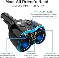 Vista 2 de Cigarette Lighter Splitter: USB C 12V Car Charger Adapter 2 Socket Type C Multi 12 Volt Power Outlet 24V DC 80W with LED Voltmeter Switch 6.3A Dual