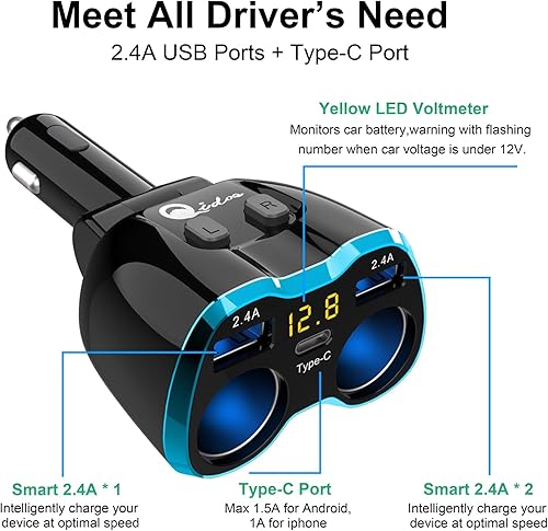Miniatura 2 de Cigarette Lighter Splitter: USB C 12V Car Charger Adapter 2 Socket Type C Multi 12 Volt Power Outlet 24V DC 80W with LED Voltmeter Switch 6.3A Dual