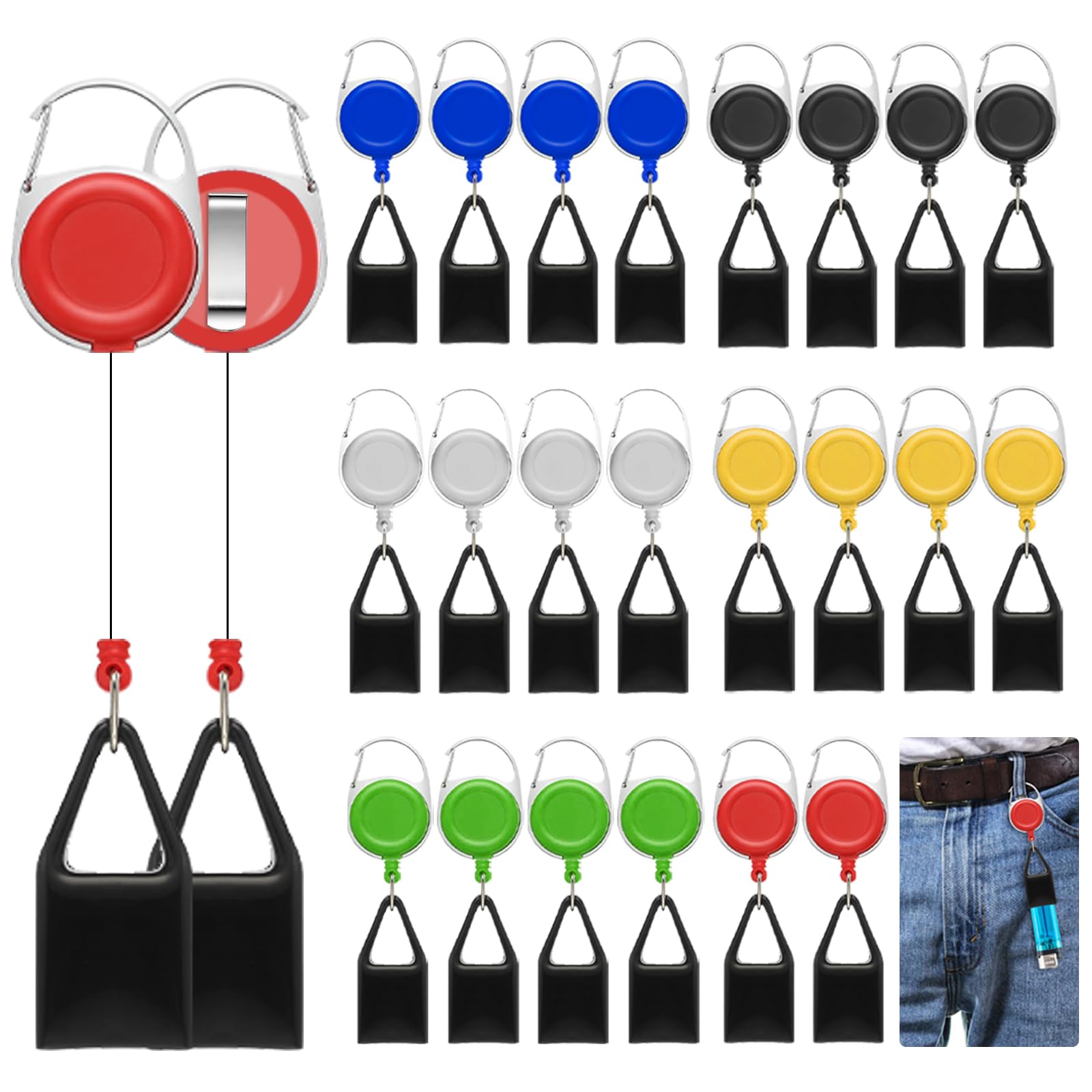 24 Pieces Lighter Leash Retractable Lighter Clip Keychain Assorted Colour Lighter Holder with Classic Lighter Cover Single Clip for Convenience White, Black, Red, Blue, Yellow, Green-picture-19