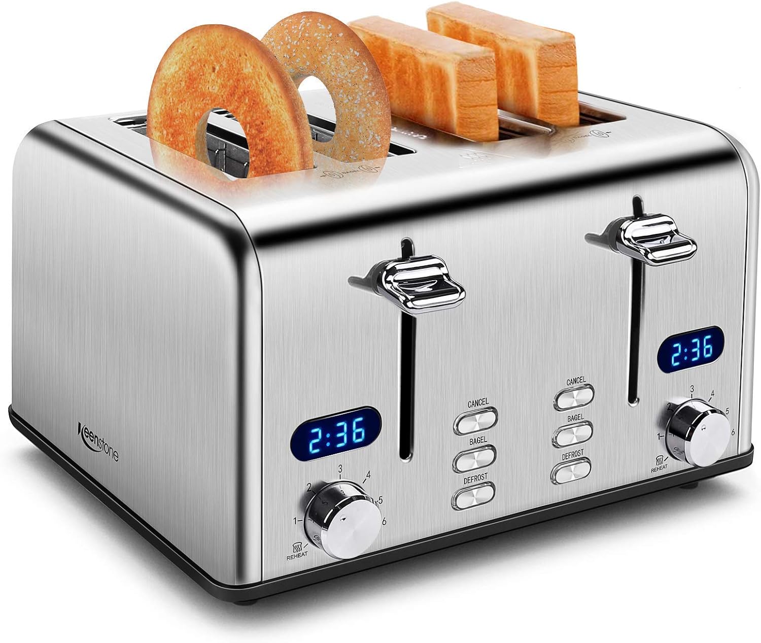 Keenstone Toaster 4 Slice, Stainless Steel Toasters with Timer, Wide Slot, Bagel/Defrost/Cancel Fuction, Removable Crumb Tray, sliver black (sliver 4 slice)