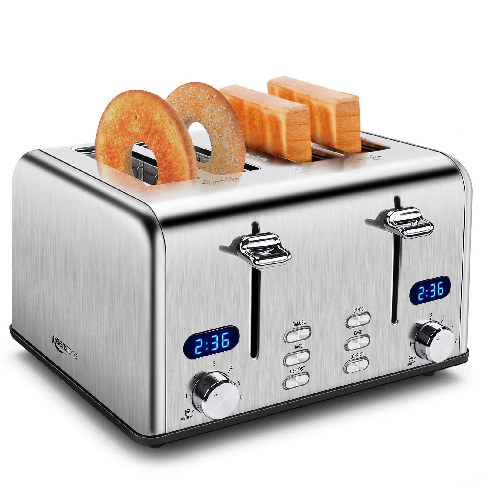 Toaster control panel with 6 browning settings and LED timer