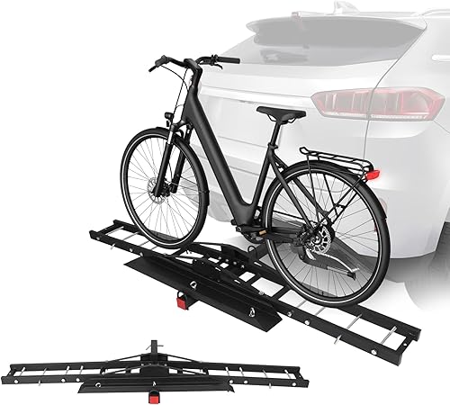 180kg Capacity Motorcycle Hitch Carrier - Foldable Anti-Tilt SteelAluminum Rear Trailer Rack with Detachable Ramp, Rust-Proof Universal Bicycle