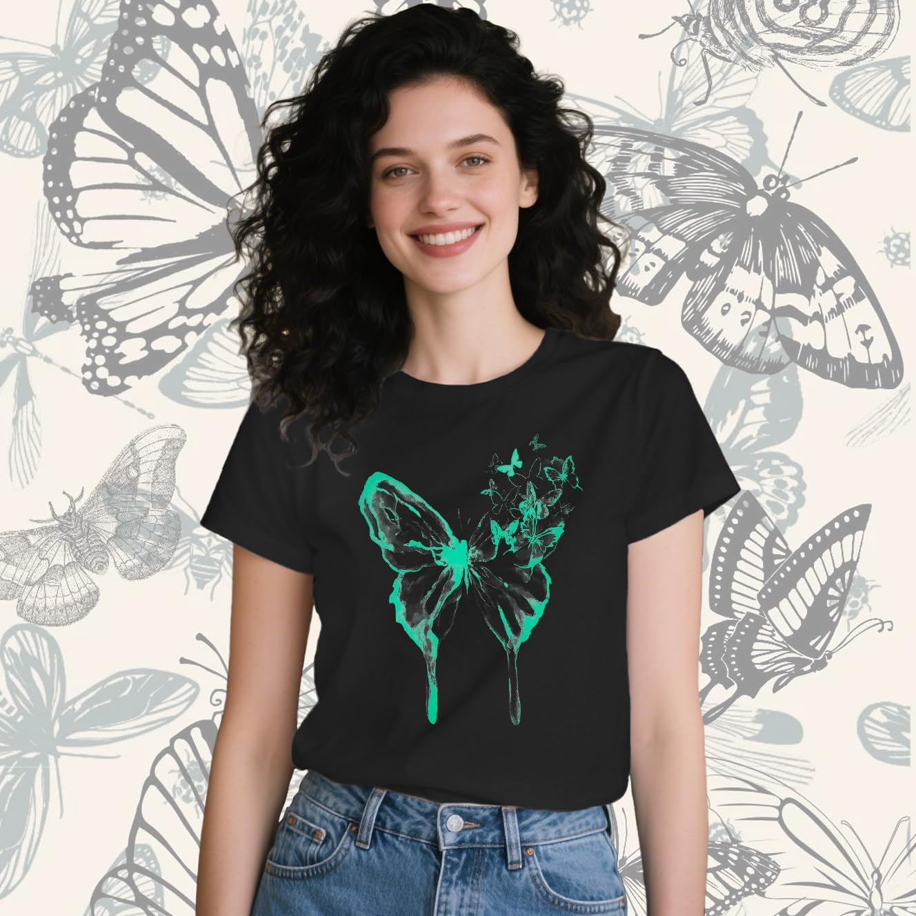 Womens Butterfly Shirts Watercolor Butterflies T-Shirt Casual Crew Neck Tee Tops - Image 3