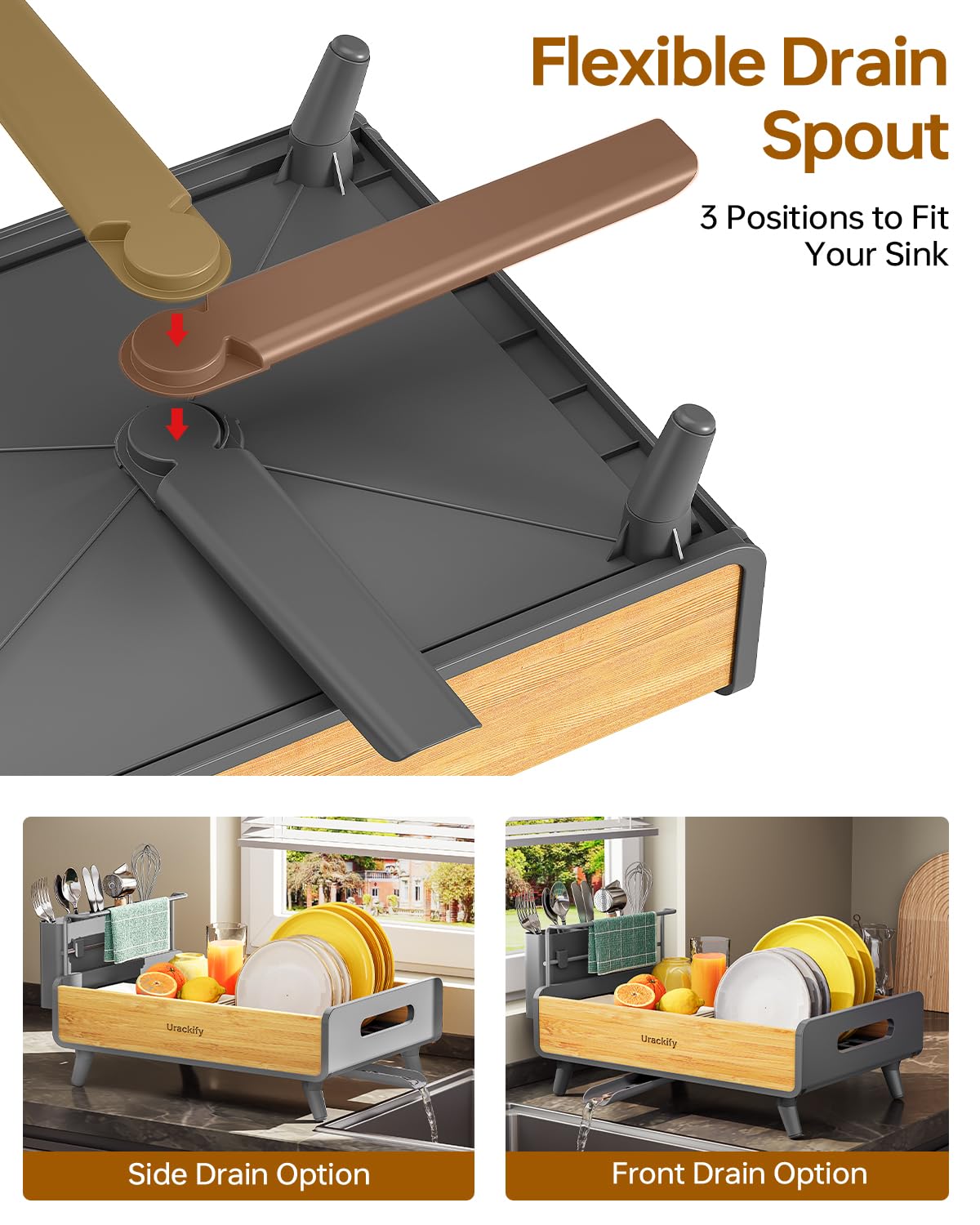 Urackify Escurridor de platos para encimera de cocina, escurridor de platos de acero inoxidable y bambú, escurridor de platos con gran soporte extraíble para utensilios, escurridor de platos con