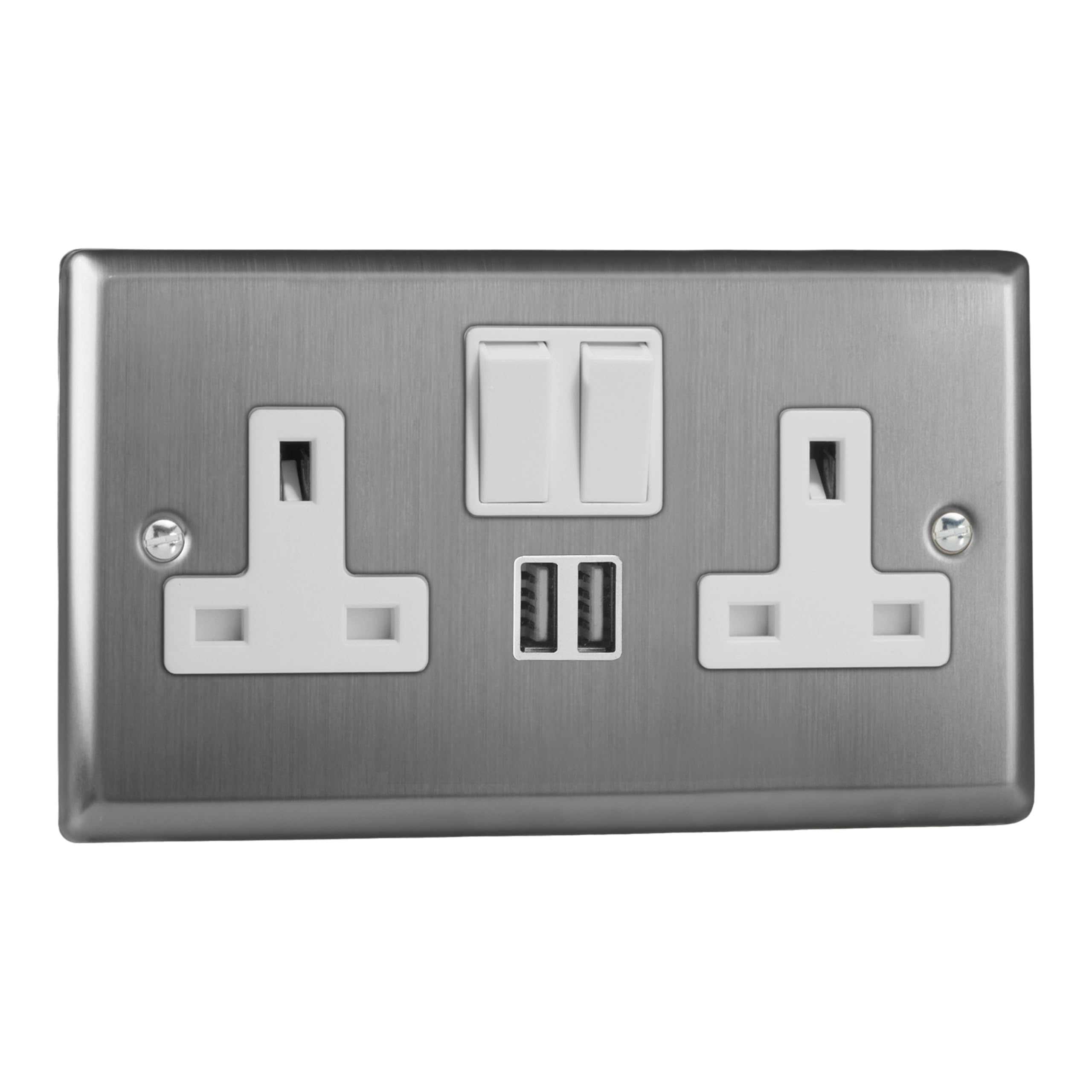 Varilight Double Switched Socket with USB Charging - Classic Brushed Steel with White Insert, 91x150x31mm