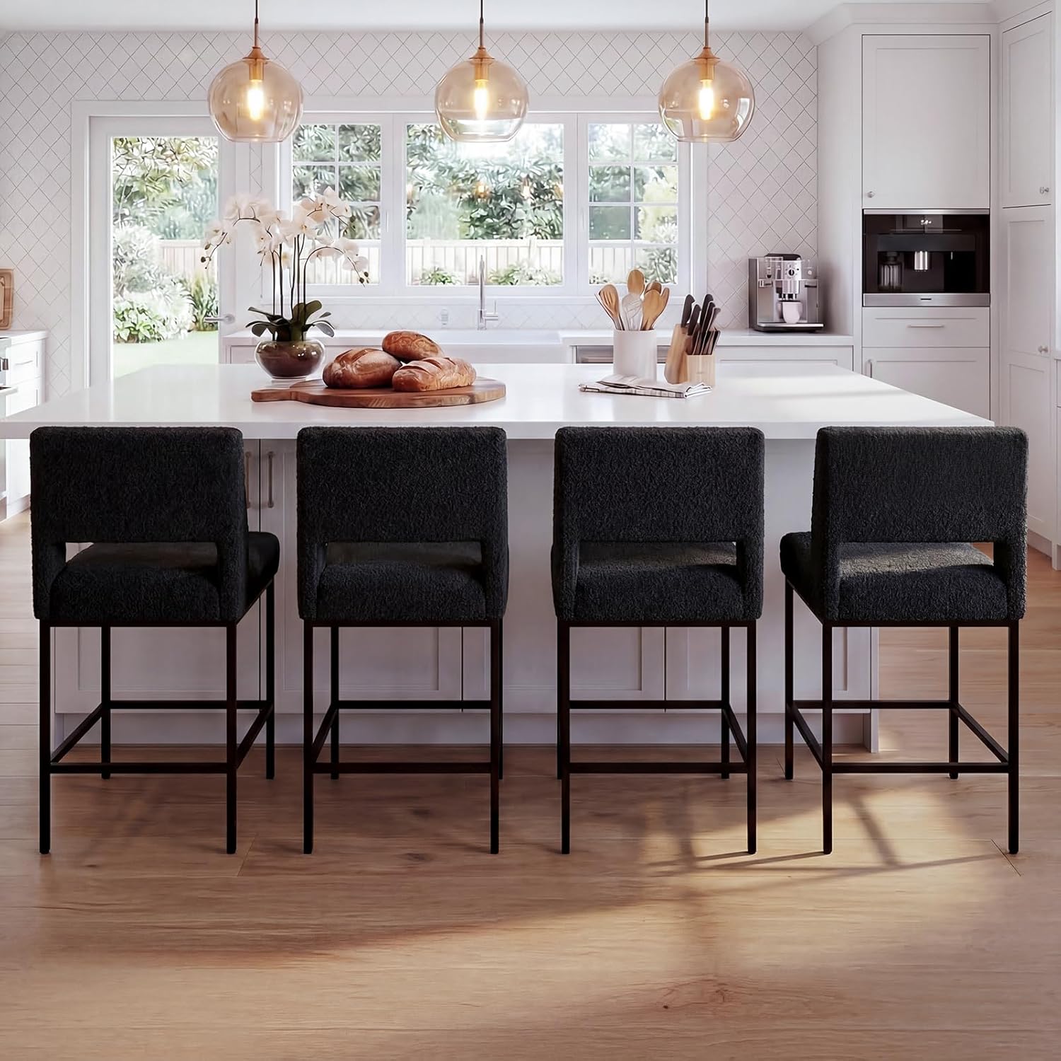 Zesthouse Upholstered Counter Height Stools Set of 4, 26" Boucle Fabric Bar Stools with Back, Metal Barstools Heavy Duty 300 Lbs, Modern Counter Height Chairs for Kitchen Island, Black(Dark Grayish)