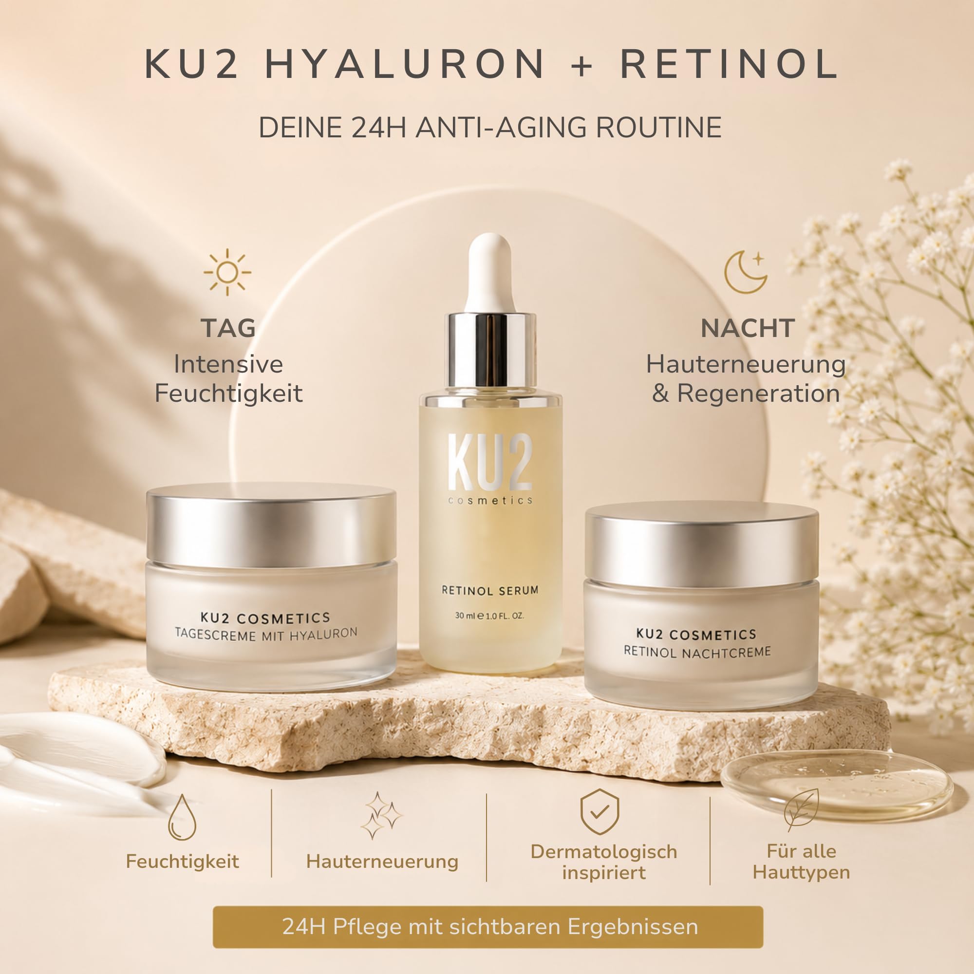 KU2 Hyaluron + Retinol Anti-Aging Set – Tagescreme, Retinol Serum & Retinol Nachtcreme – 24h Hautpflege Routine für Feuchtigkeit & Hautregeneration – Gesichtspflege Set für Frauen & Männer