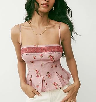 Women Y2k Floral Tank Top Spaghetti Strap Tie Shoulder