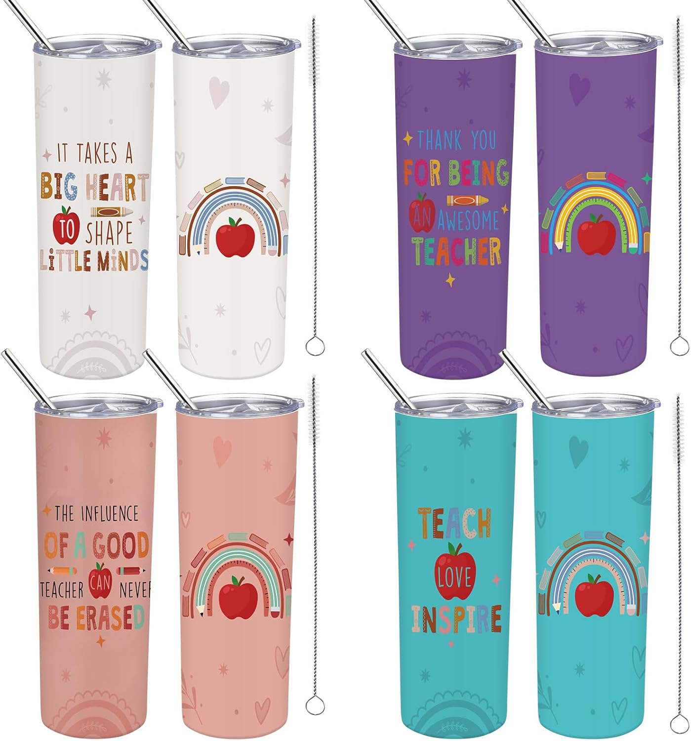Skylety 4 Pcs Teacher Appreciation Gifts 20 oz Stainless Steel Tumbler with Lid Straw Best Teacher Gifts Rainbow Coffee Mug for Women Men Birthday Retirement Gift(Apple)