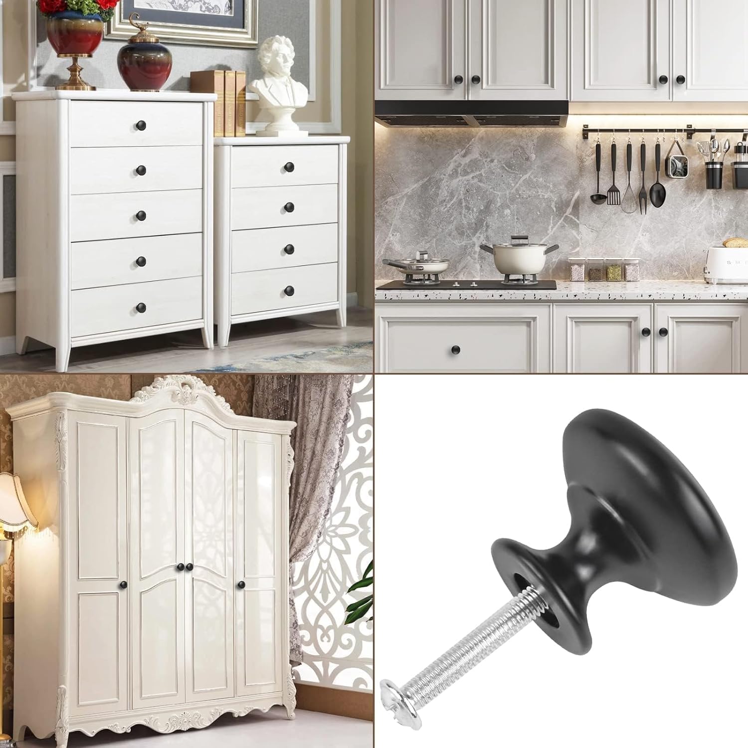 4X Matt Black Cabinet Hardware Round Mushroom Knob Drawer Handles 30mm/1.18 for Kitchen Cupboard Furniture Chest Door Dresser Bathroom