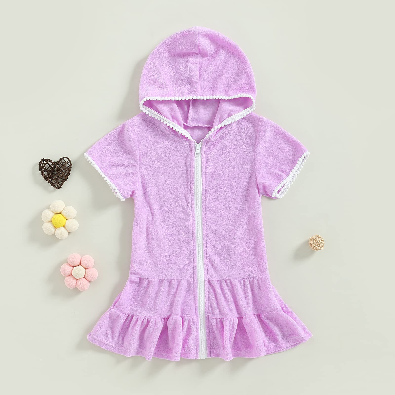 Toddler Kids Baby Girl Swimwear Zip Up Hooded Cover Up Short Sleeve Summer Beach Bathing Suit Robe 2-10 Years (Purple, 7-8 Years)