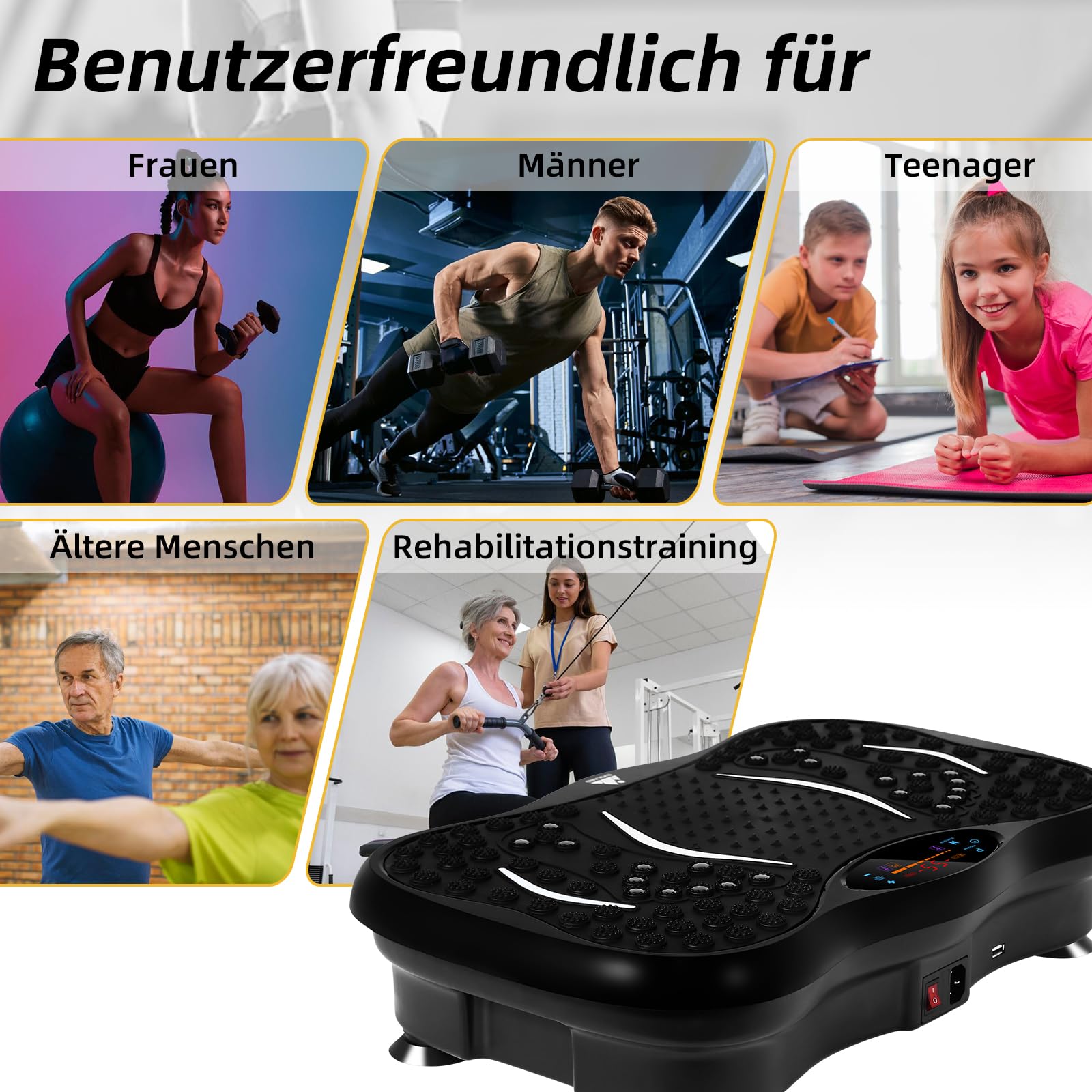 EVOLAND Vibrationsplatte Vibrationsgeräte mit 5 Trainingsprogramme bis 99 Intensitätsstufen, Bluetooth Lautsprecher, Widerstandsbänder mit Griff für Ganzkörpertraining und Körperformung