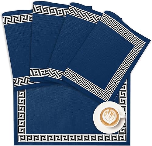 Manteles individuales geométricos con diseño de llave griega para comedor, mesa de comedor, color azul marino, lavables, decoración de cocina, juego