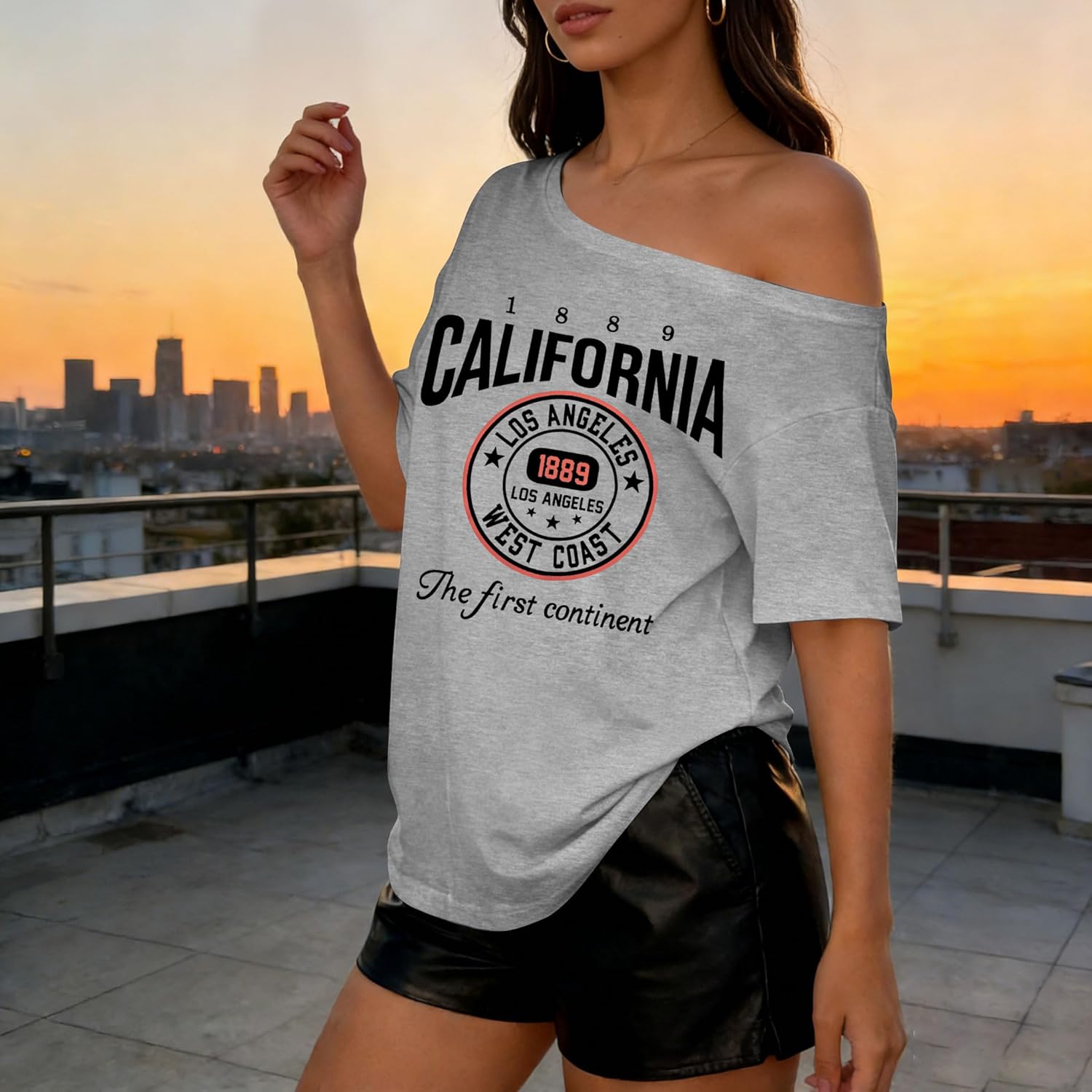 TAOHONG Women Off The Shoulder Tops California Graphic Short Sleeve Tees Casual Summer Vacation Shirts Letter Print T Shirts - Image 6