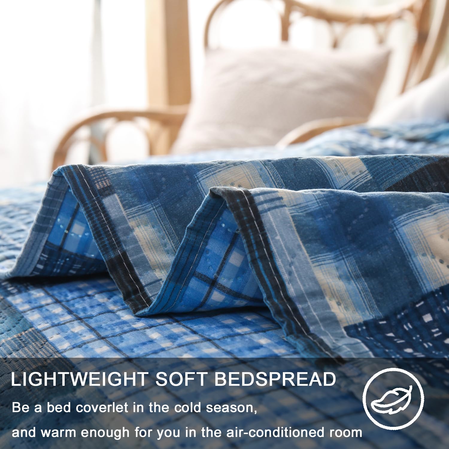 Jarson 3-Piece Plaid Quilt Set Full/Queen Size, Lightweight Soft Summer Bedding Set, Navy Blue Patchwork Reversible Bedspread (1 Coverlet & 2 Pillow Shams Included)