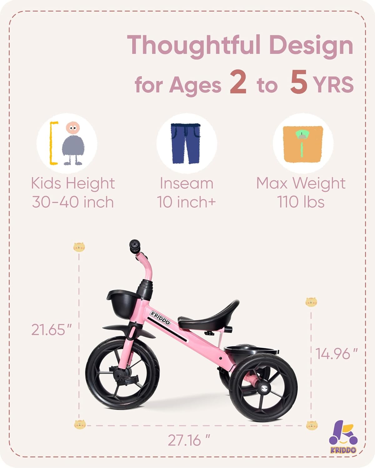 KRIDDO Kids Tricycle with 3-in-1 Protective Gear Set for Toddlers