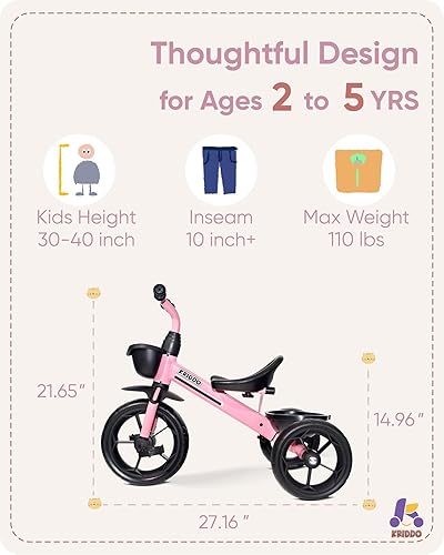 Miniatura 5 de KRIDDO Triciclos para niños de 24 meses a 4 años, triciclos para niños pequeños de 2.5 a 5 años, triciclos de regalo para niños de 2 a 4 años,