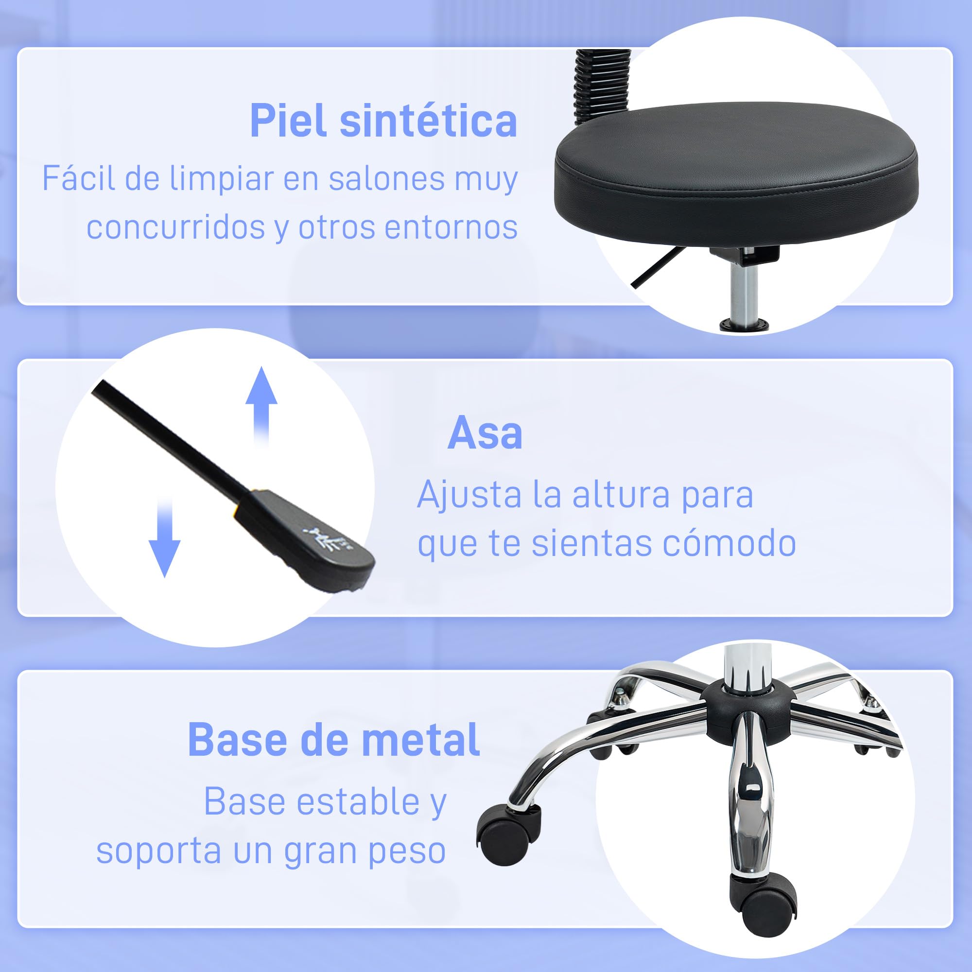 HOMCOM Taburete con Ruedas Giratorio, Taburete de Trabajo con Respaldo Desmontable, Altura Regulable, Tapizado en Cuero Sintético, para Oficina, Dormitorio, Negro