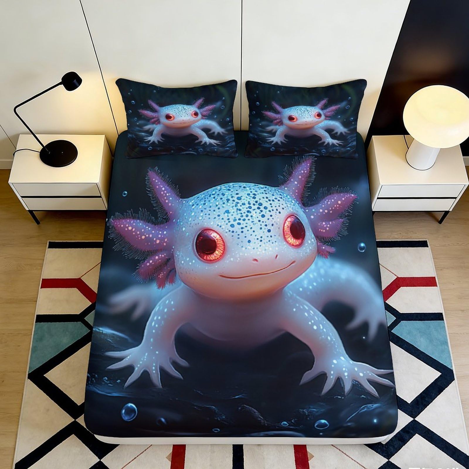 3D Printed Axolotl Fantasy Fitted Sheet Microfiber Soft Breathable Aquatic Creature Mattress Cover for Bedroom Decor Dorm Use 90x200x25cm