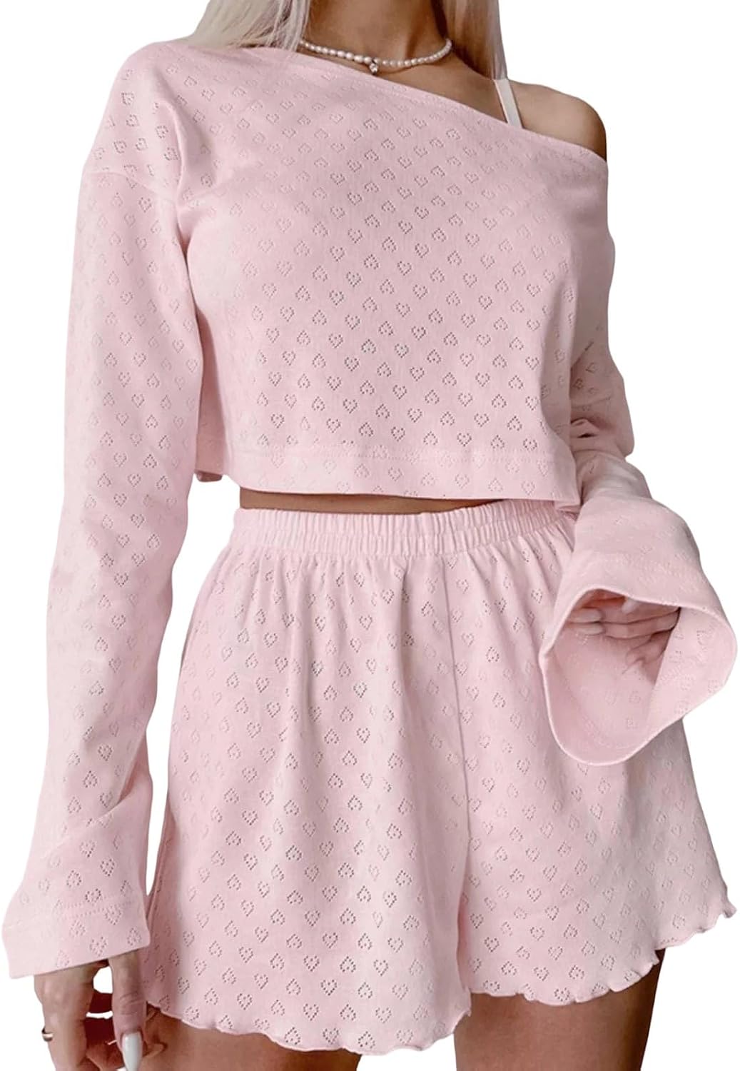 Womens Off Shoulder Long Sleeve Top Shorts Set | 2 Piece Short Sets for Women Sexy Lounge Pjs Cute Off Shoulder Long Sleeve Top Shorts Pajamas Fashion Summer Outfits