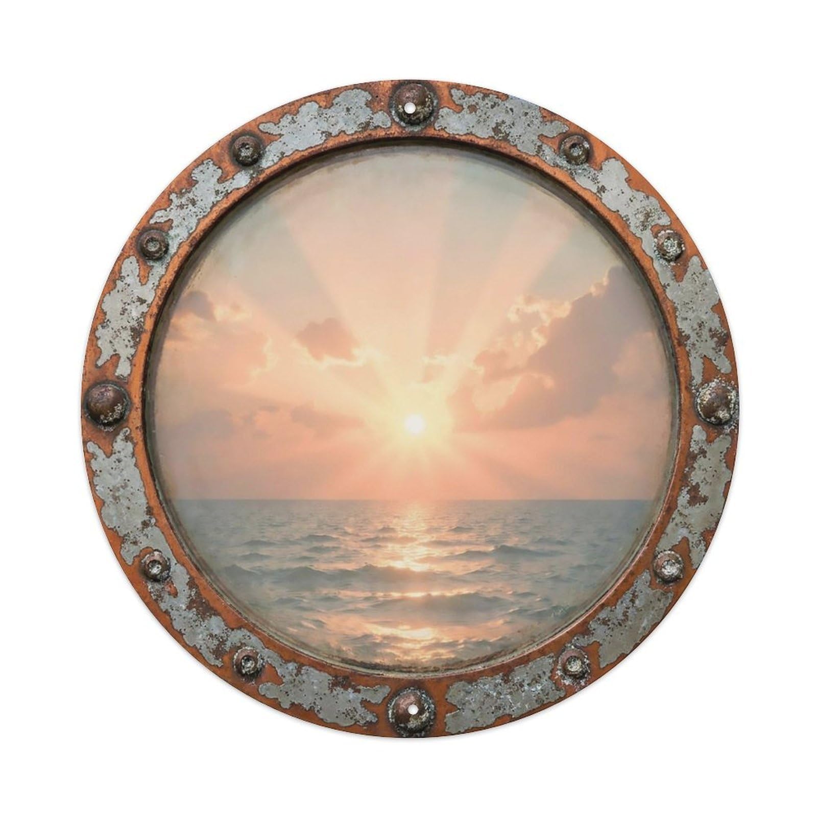 Vintage Porthole Peach Sunset Nautical Window View Metal Tin Sign