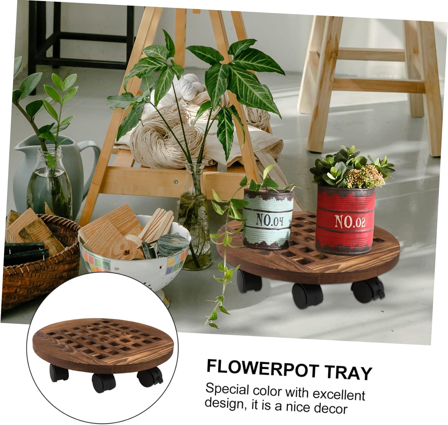 Wooden Round Plant Tray Wheels Removable Flower Pot Base for Indoor and Outdoor Use Heavy-Duty Planter for Easy Movement of Pots and Trees