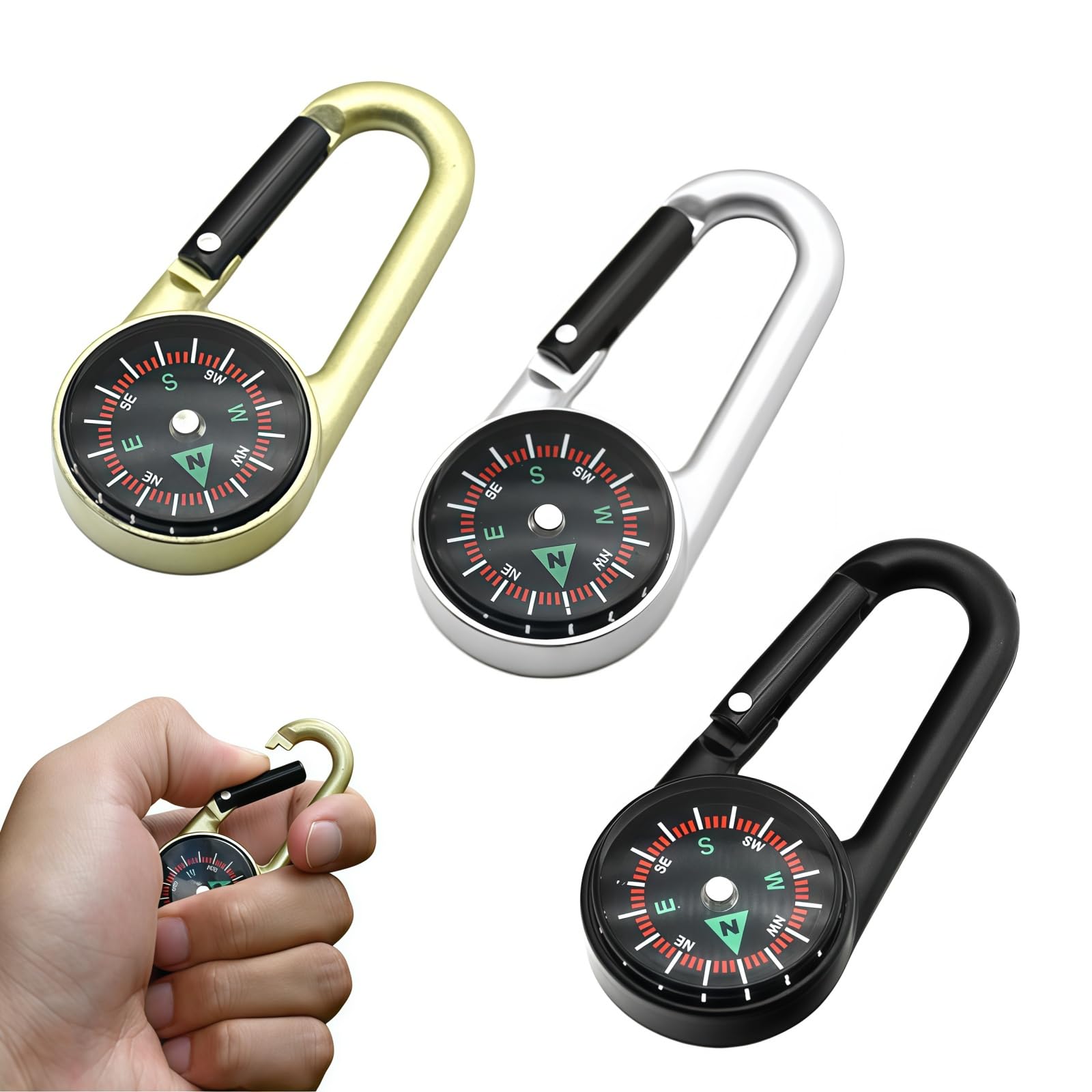 3 pcs Mini Compass Keychain with Carabiner,Magnetic Pocket Compass for Hiking Navigation,Metal Carabiner Compass Navigation,Hiking Essentials Outdoor Travel and Survival Compass,Black & Gold & Silver