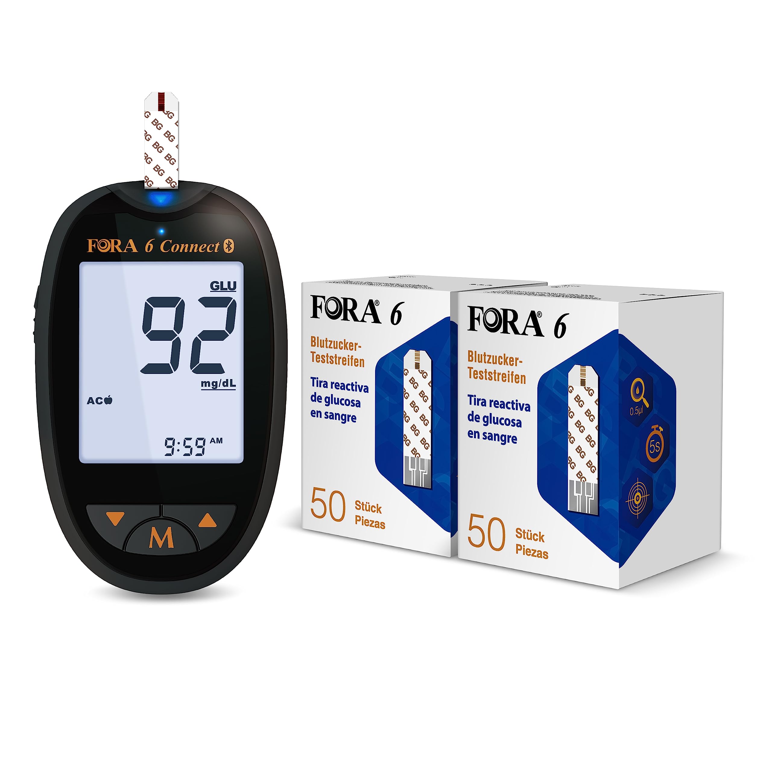 FORA 6 Connect Glucometro Bluetooth – Kit Misuratore Glicemia con 100 Strisce
