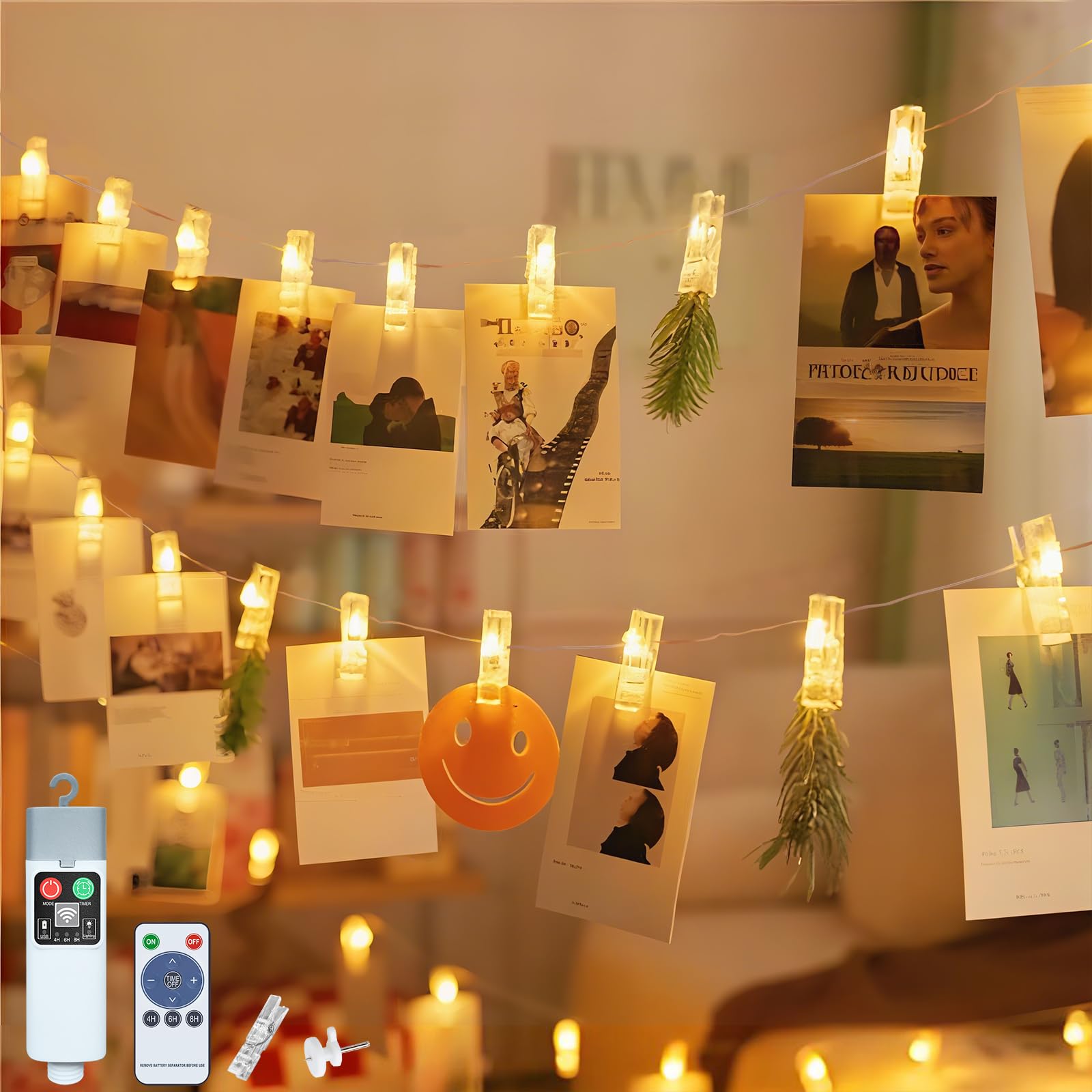 Ayciep Foto Lichterkette, USB Aufladbare Batterie, 2M 20LED Fotoclips Lichterkette Batterie, 8 Modi | 3 Timer | Warmweiß | Innen/Außen, Foto Girlande, Zimmer Deko