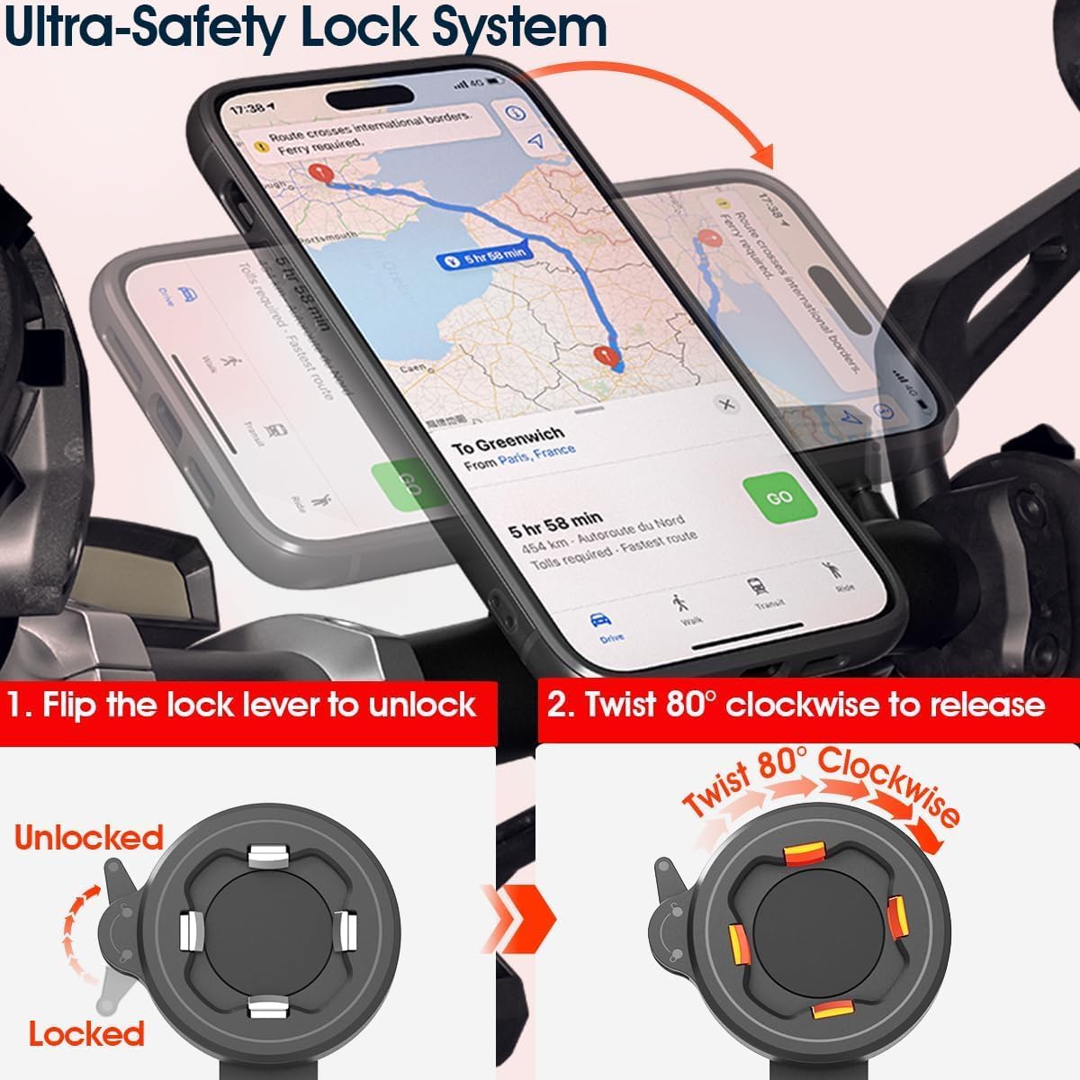 CQ Bike Phone Mount - Motorcycle Cell Phone Holder with Secure Dual Lock, 1-Hand Quick Snap & Twist Release, Stable Aluminum Stem/Handlebar Clamp for e-Scooter, eBike, MTB, Mountain & Road Bicycle