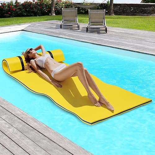 Miniatura 7 de GYMAX Alfombrilla de agua flotante, hamaca gruesa de espuma de natación con diseño de almohada rodante, colchón portátil de balsa de agua de 3 capas