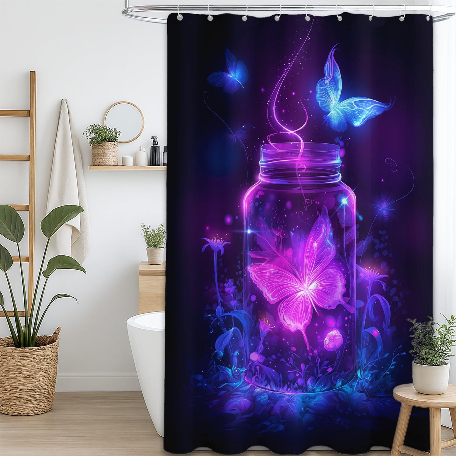 Fantasie Wonderland - Tenda da doccia con farfalle, 240 x 200 cm, impermeabile, resistente alla muffa, in microfibra, con occhielli e ganci, colore nero