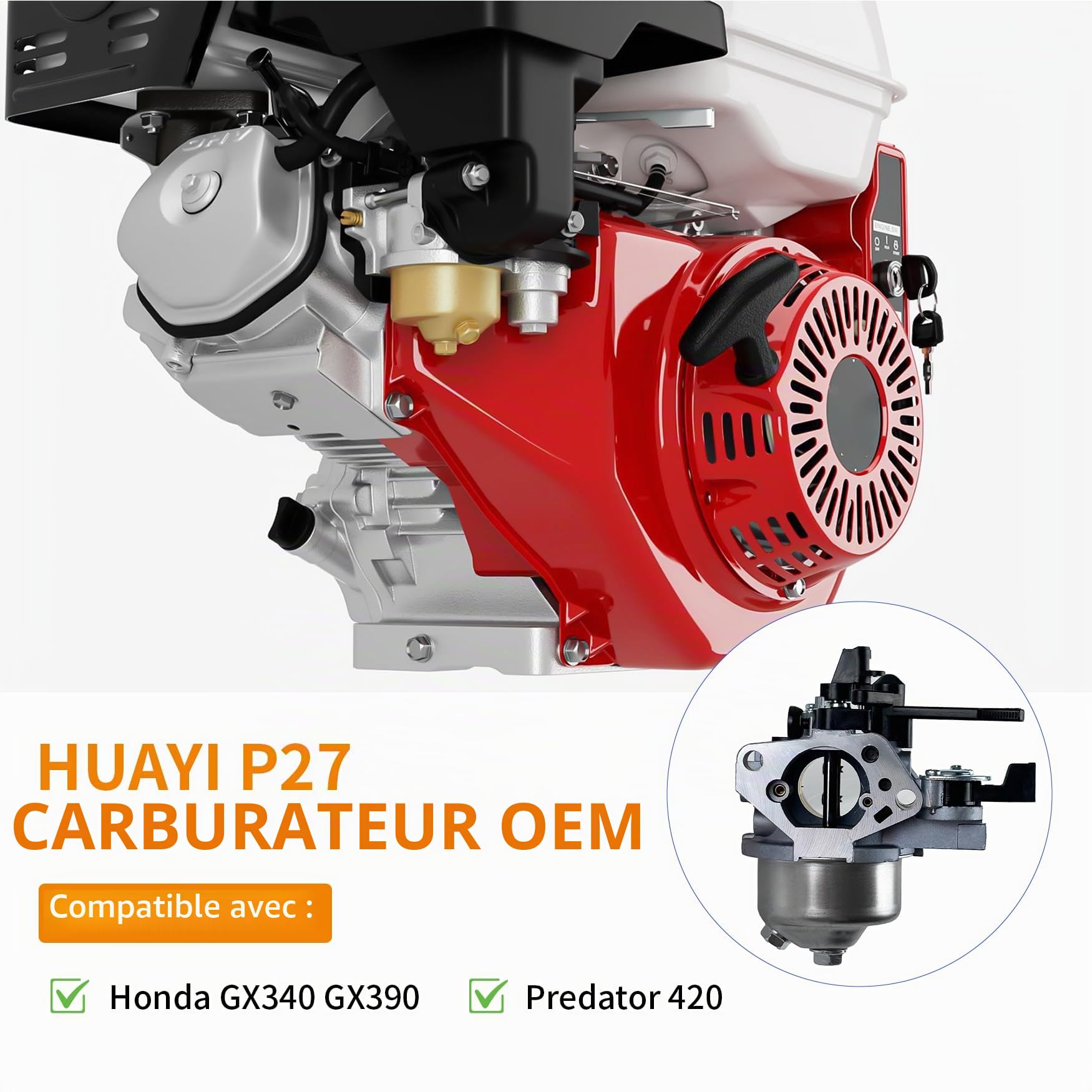 YAMAKATO HUAYI GX390 Carburateur 16100-ZF6-V01 pour moteurs Honda GX340 | pour moteurs Honda et Clone GX 390 GX340 Nettoyeur Haute Pression Huayi P27 Carbu avec Joint