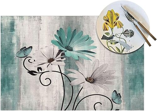 Miniatura 6 de Juego de 4 manteles individuales florales de 12 x 18 pulgadas, diseño de margarita azul turquesa, rectangular, para fiesta, hogar, cocina, comedor,