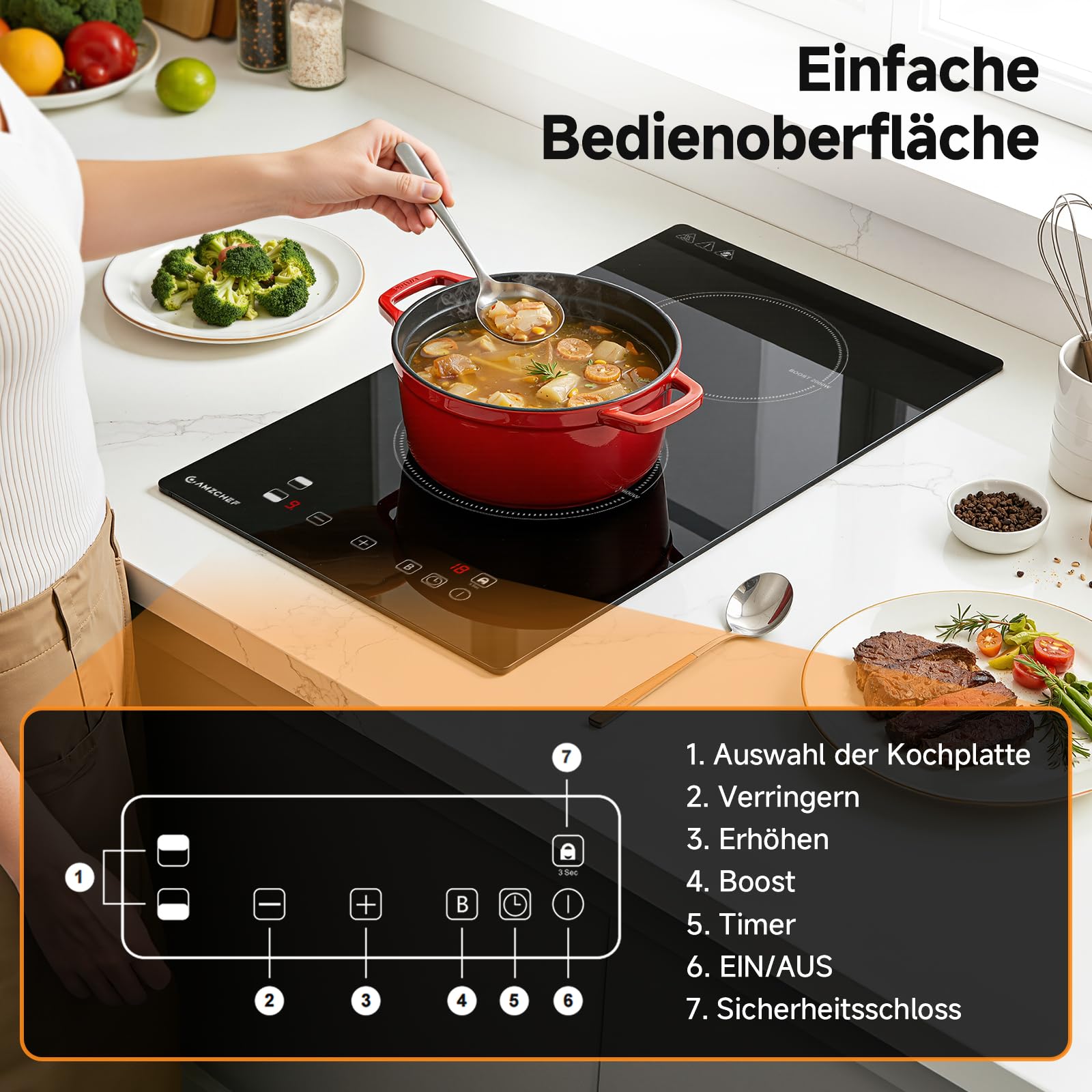 AMZCHEF Induktionskochfeld 2 Platten, 3700W Doppel Induktionskochplatte mit LED-Touchscreen, Sicherheitsschloss und Timer
