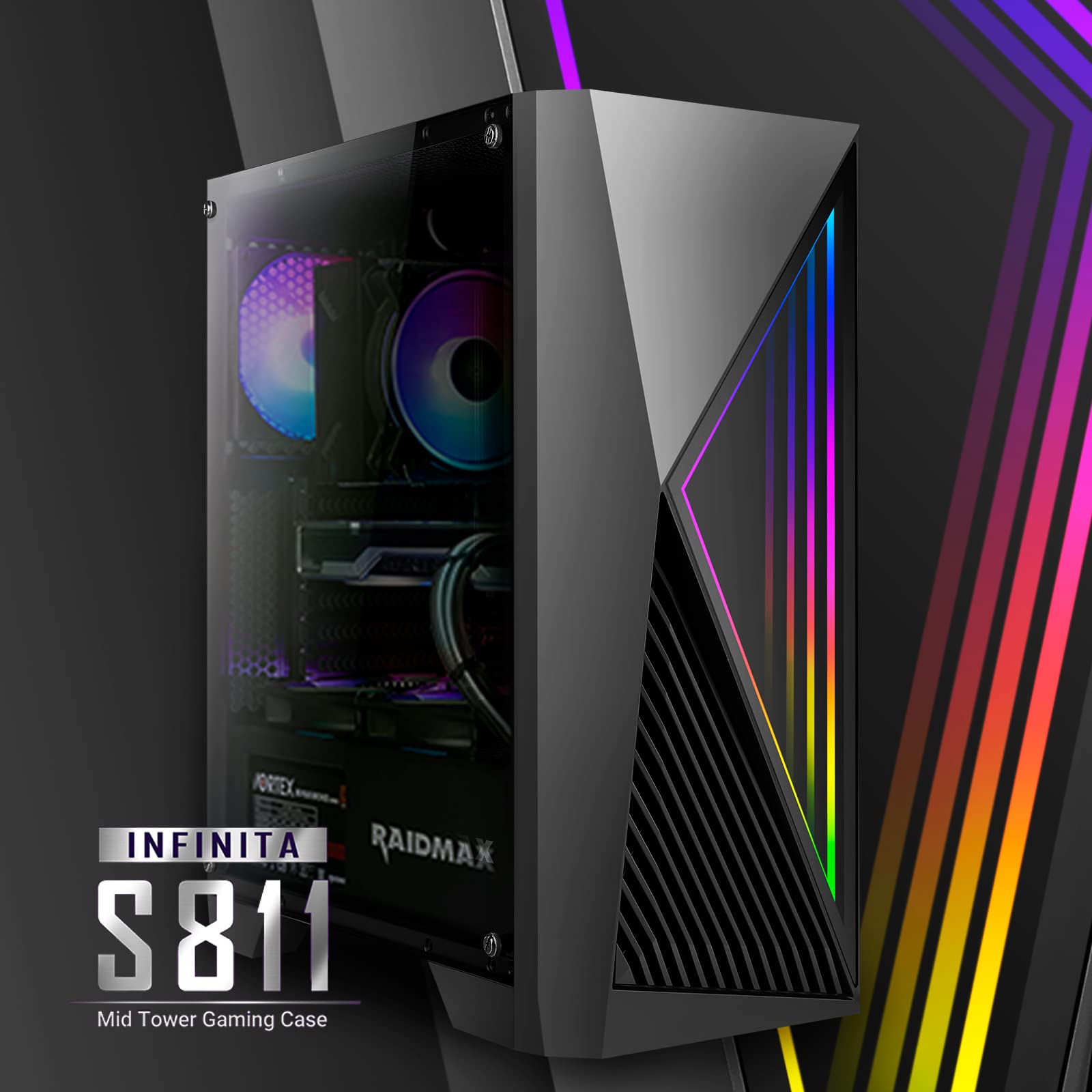 Raidmax Infinita Series Tempered Glass Aqua View Case - Corner Structure-Free Panoramic Design, ARGB Fans Included, and Support for 360mm Water Cooler and 400mm GPU (S811, Black)