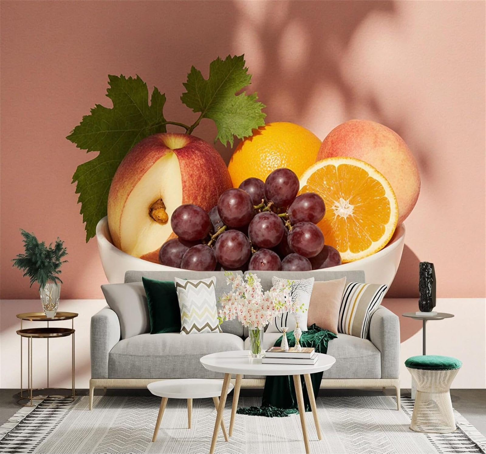 XLMING Bowl of Fresh Fruit Grapes Oranges Peaches Soft Pink Background 3D Wallpaper Silky Texture Home Study Office Grey Dining Room Sofa Bedroom Living Room TV Backdrop-150cm×105cm