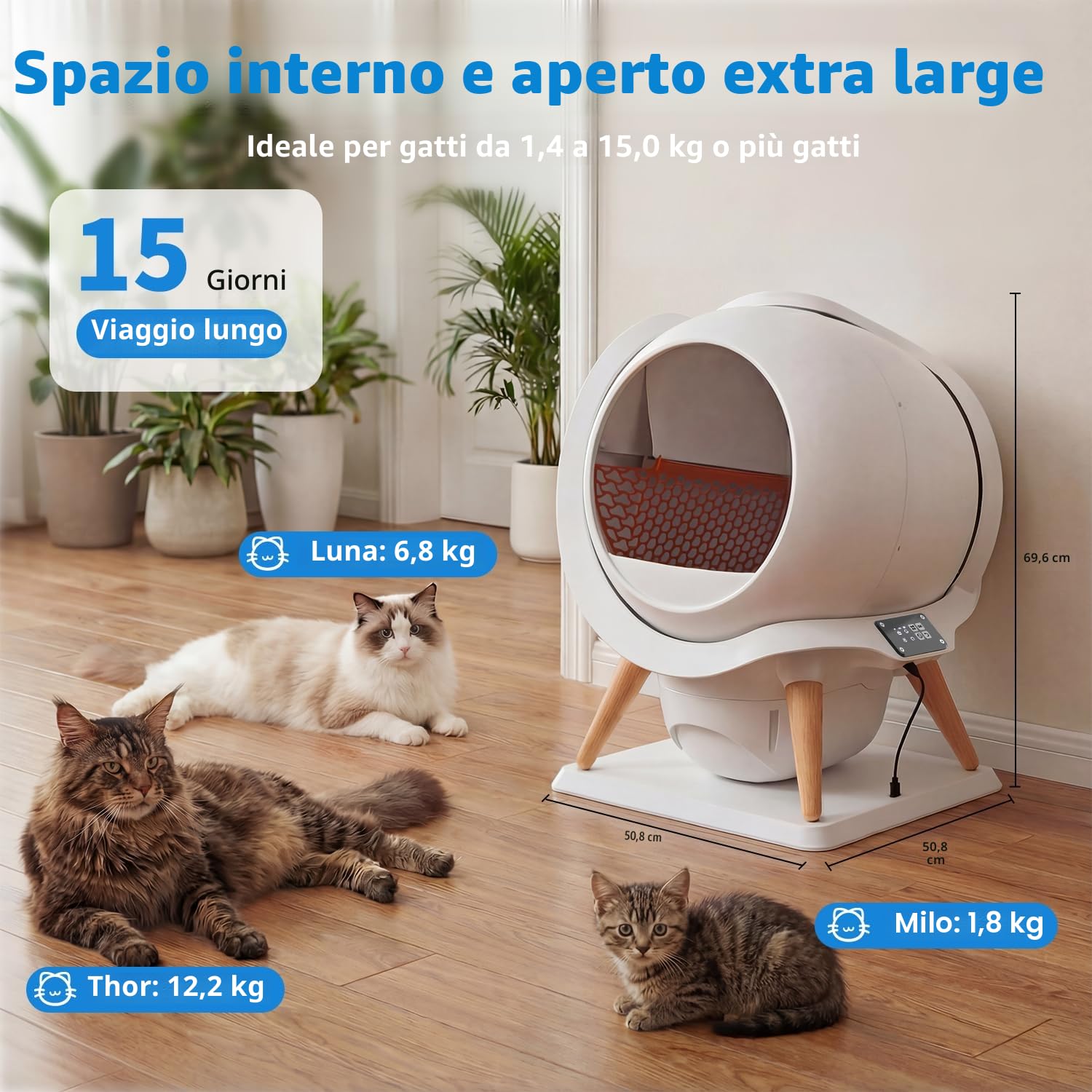 Honeyguaridan IPX5 Impermeabile Lettiera Gatto Autopulente, Risciacquabile | Protezione di Sicurezza a Triplo Strato, Controllo APP, Inodore, Adatto per Più Gatti, 63L