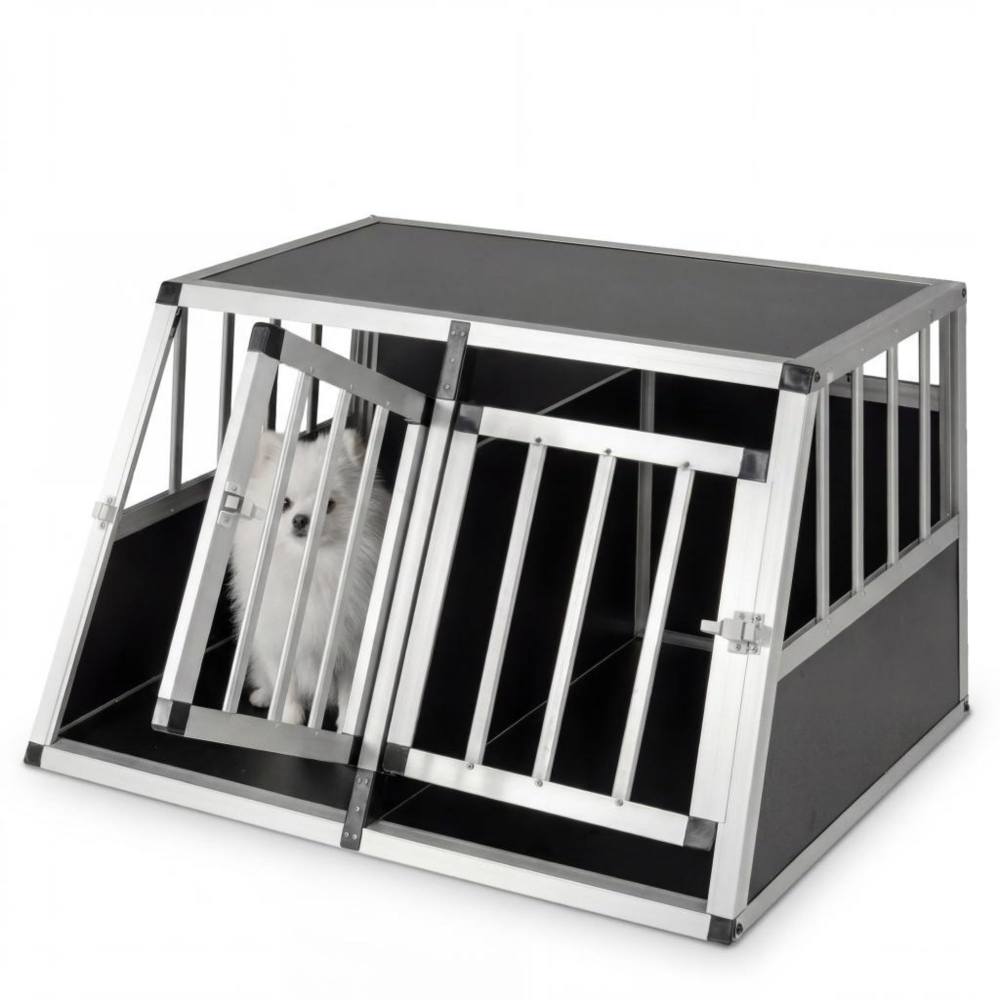 GYMAX Travel Dog Crate, Aluminum Dog Transport Box with Lockable Door & Trapezoidal Design, Chew-proof Puppy Cage for Camping Truck (89 x 69 x 50.5cm,with Removable Divider)