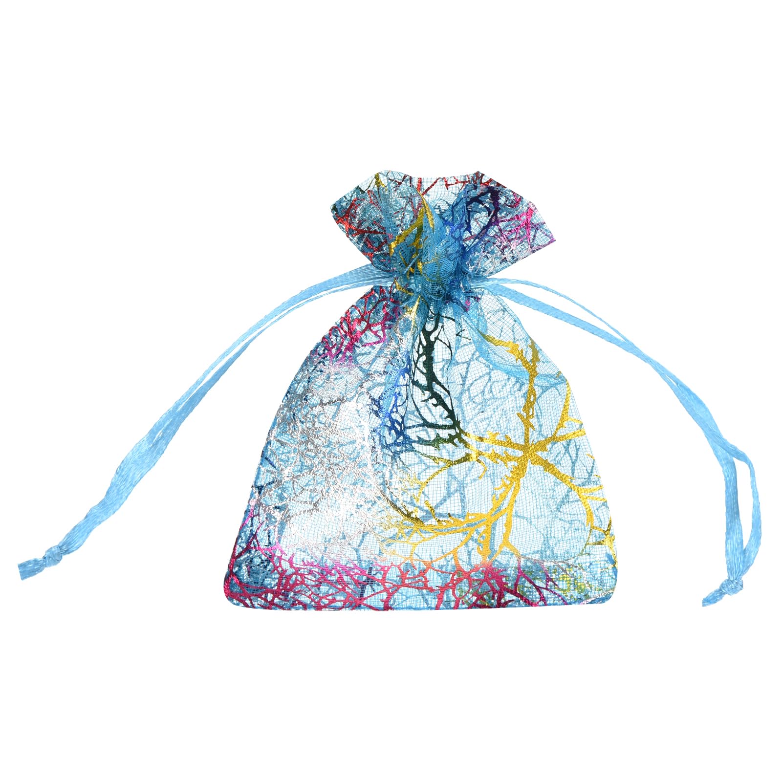 sourcing map Organza Bag 13 x 18cm, Sheer Colorful Coral Mesh Bags Drawstring Gift Bags Bulk Party Favor Bag Jewelry Pouches for Wedding Candy Valentines (Lake Blue-Gold, Pack of 100)