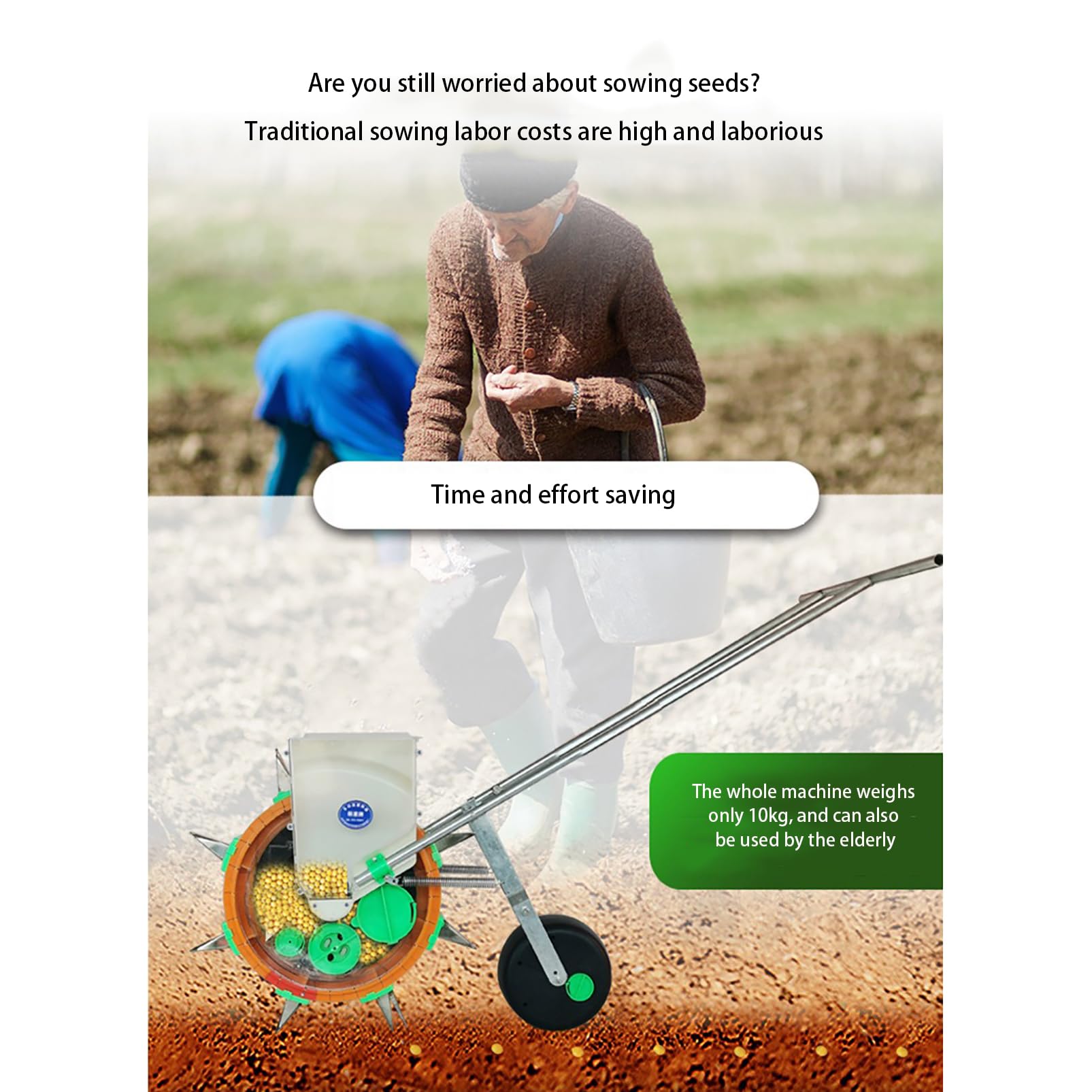 Sembradora de hortalizas a Empuje, sembradora de una hilera, sembradora Manual de césped para jardín, Profundidad Ajustable para maíz, Frijoles, algodón y maní, 7 Bocas