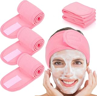 Whaline 4 Pack Pink Terry Cloth Spa Headbands - Stretchy Adjustable Hair Bands for Makeup, Yoga, Shower & Gym Workouts