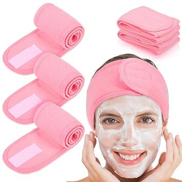 Whaline Spa Headband 4 Pcs Pink Makeup Hair Band Facial Head Wrap Hair Tie | Stretchy Terry Cloth Spa Headband for Face Wash Bath Makeup and Sport