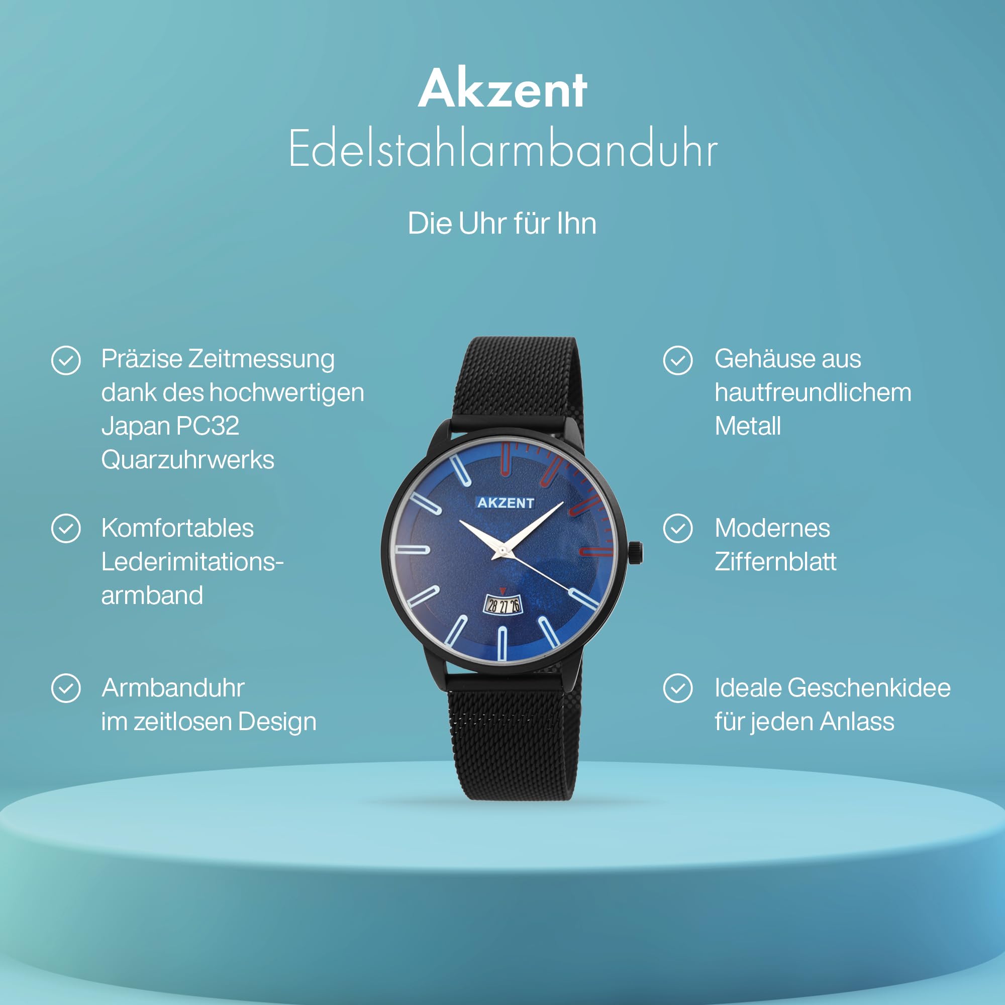 Akzent Milanaise 2300005 - Orologio da uomo con cinturino in rete in acciaio INOX, colore: Grigio/Bianco/Blu/Nero