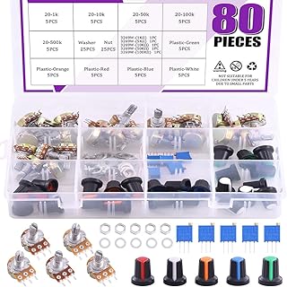 Swpeet 80Pcs 1K-500K Ohm Potentiometer Assortment Kit with 1Kohm -100Kohm Multiturn Trimmer, Knurled Shaft 3 Terminals Single Linear HighPrecision Variable Resistor with Nuts and Washers