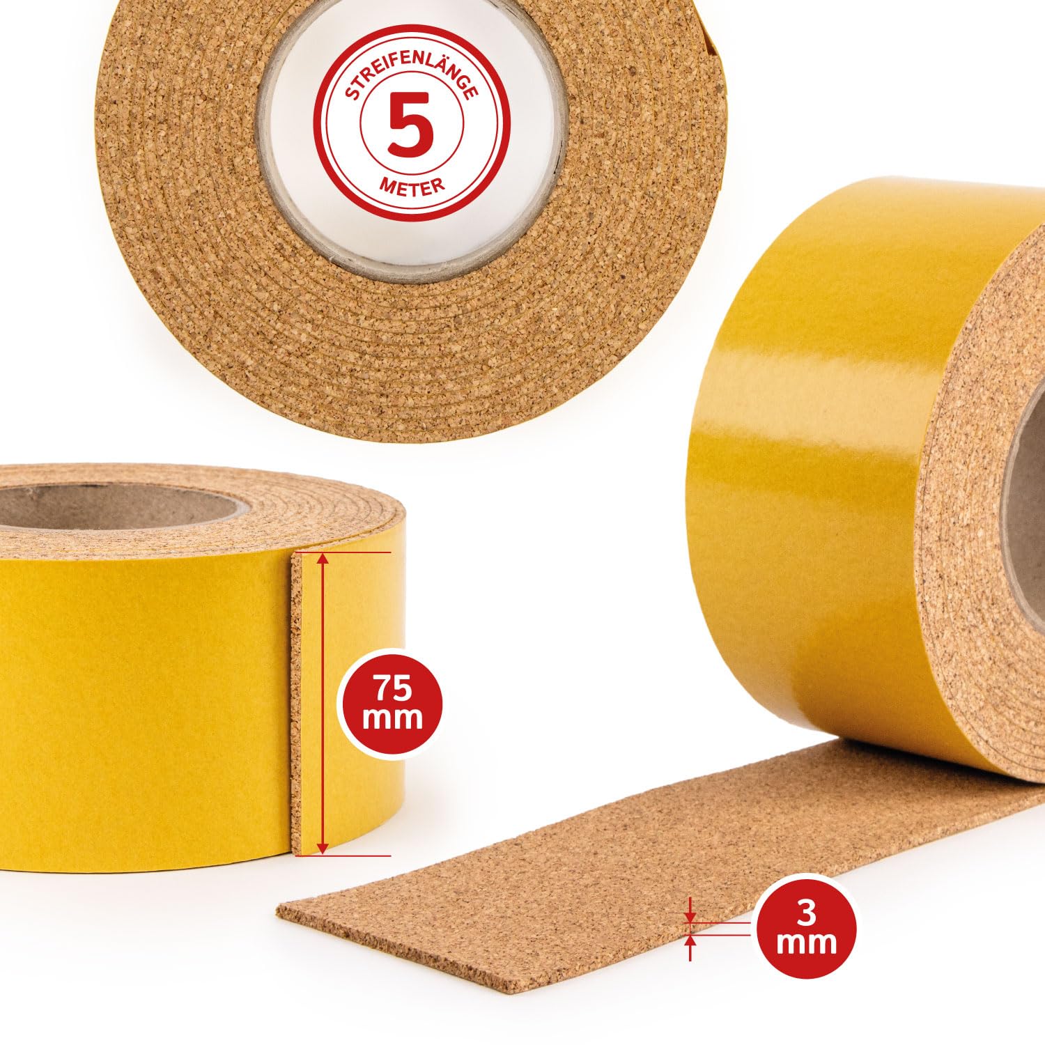 Cleverbrand Sughero, Foglio du Sughero, Pannello Sughero, Lunghezza 5 m, Larghezza 7,5 cm, Spessore 3 mm, Nastro di Sughero Adesivo, Strisce di Sughero autoadesive – Made in Germany