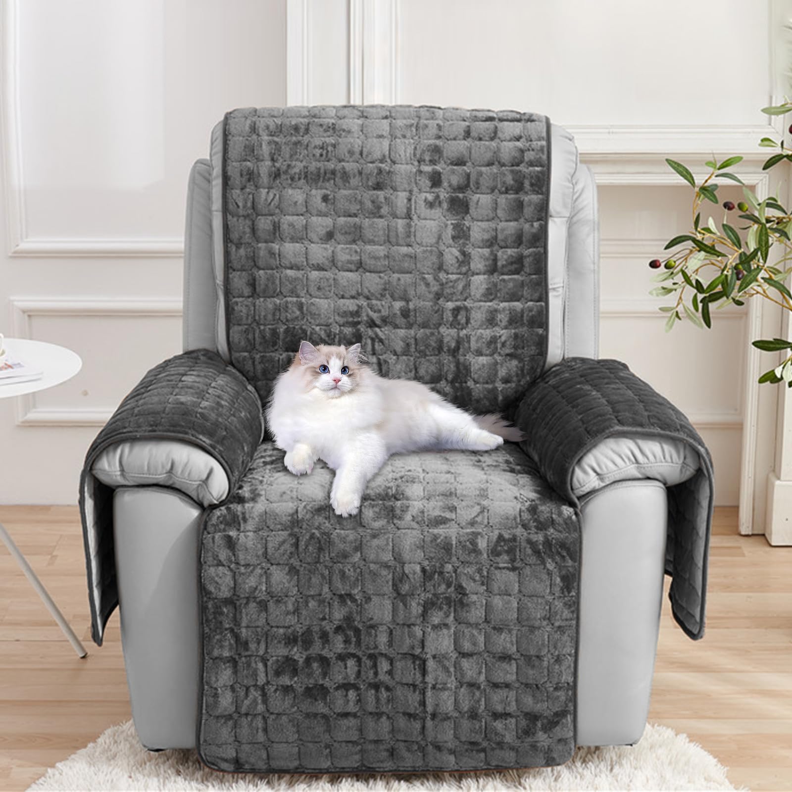 Recliner Chair Covers with Pockets - Soft Washable Waterproof Armchair Slipcovers with Adjustable Straps Buckles, Furniture Protector for Pets & Kids Reclining Chair Electric Chair Cover (Dark Gray）