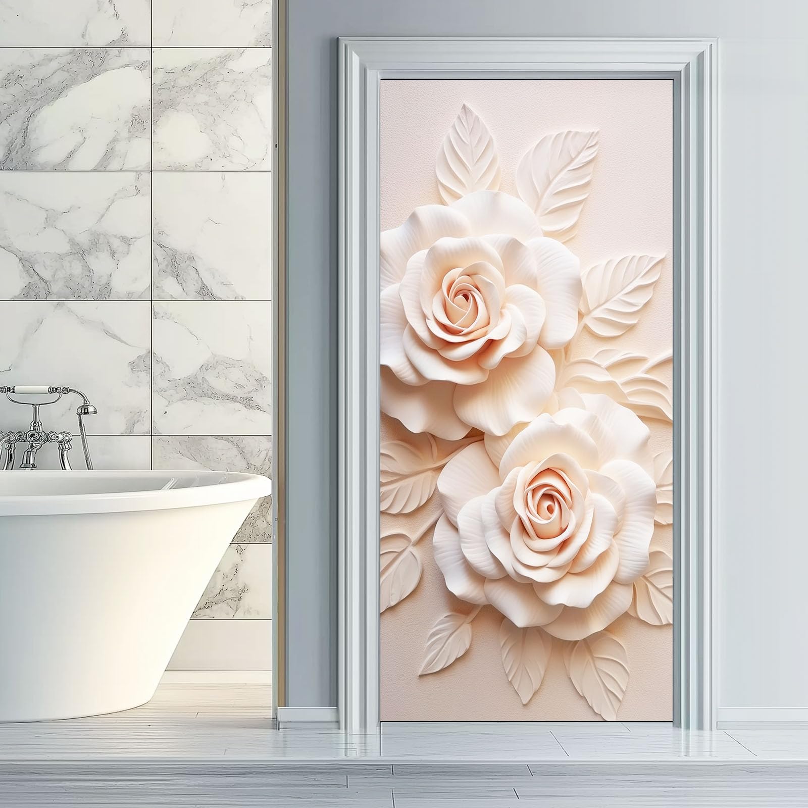 Flores Pegatinas para Puerta, Plantas 3D en relieve de Rosas, Resistente al Agua Lámina Autoadhesiva Fotomural, Beige PVC Extraíble Póster Puerta para Dormitorio Baño, 95 x 215 cm