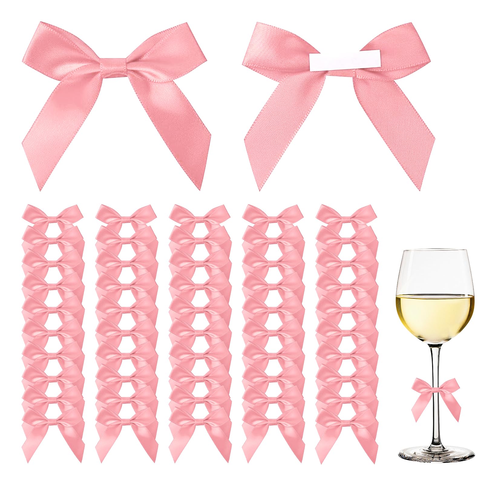 50 Pcs Self Adhesive Bows, Self Adhesive Bow for Gift Wrapping, Ribbon Bows for Cake, Bow Decorations for Craft DIY Sewing Wedding Birthday Party Bakery Candy Bags (Pink)