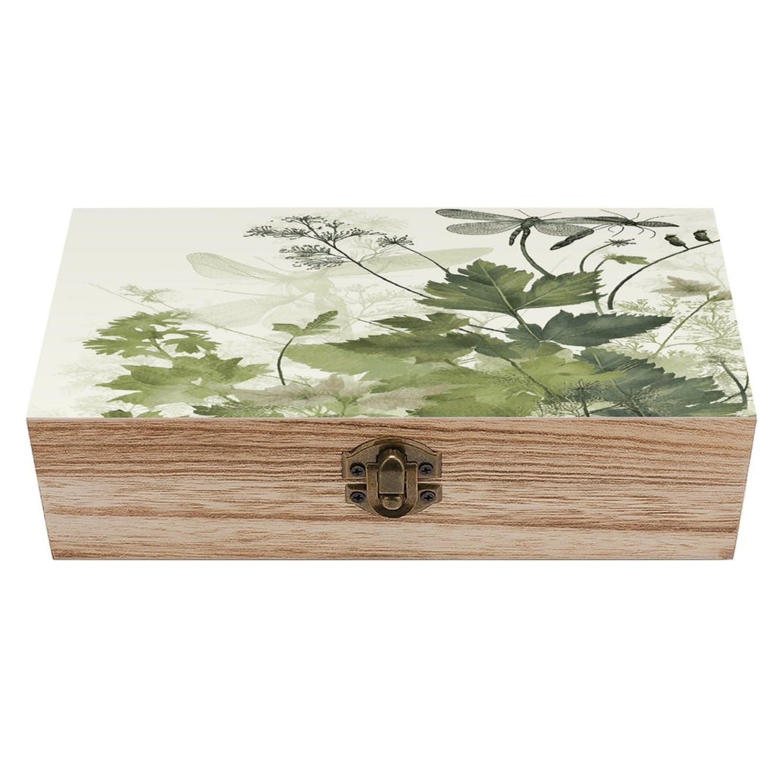 Foliage And Herbs with Dragonflies Winged Wooden Keepsake Box Vintage-Style Wood Keepsake Case with Hinged Lid Solid Wood Boxes Beautifully Memory Treasure Case Vintage-Style Wooden Storage Box
